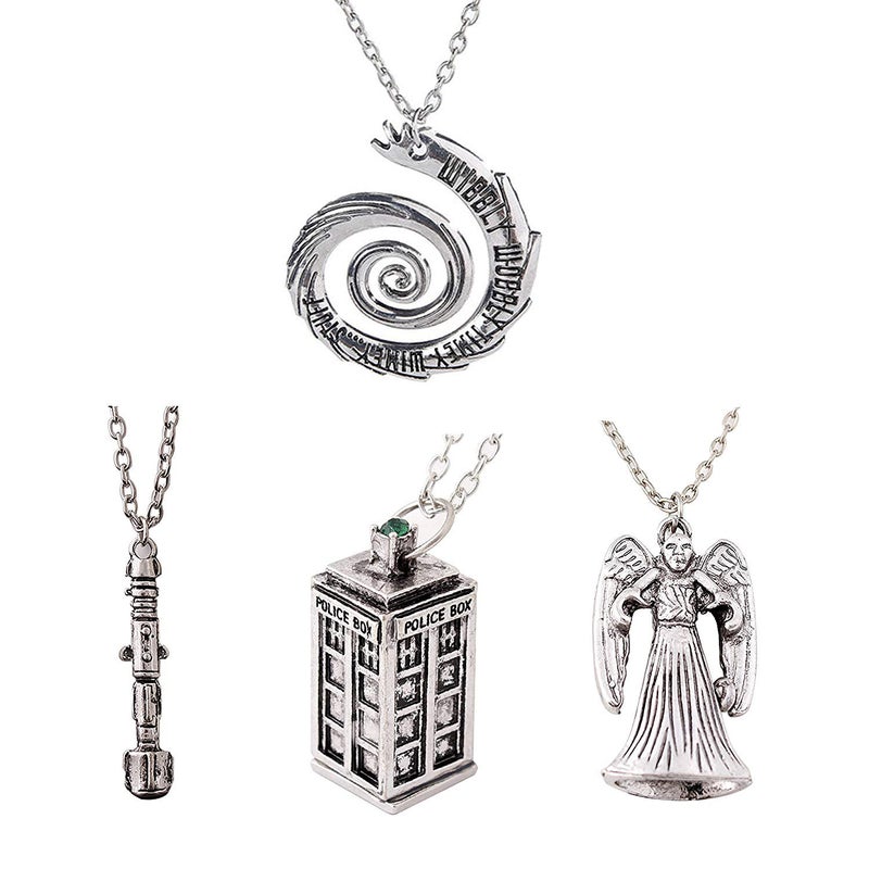 2FY2SW Luomi Doctor Who 4 Pack Different Necklace Wibbly Wobbly Timey Wimey 11th Doctor Sonic Screwdriver Pewter Finish Inspired 3D Police Box - Image 1